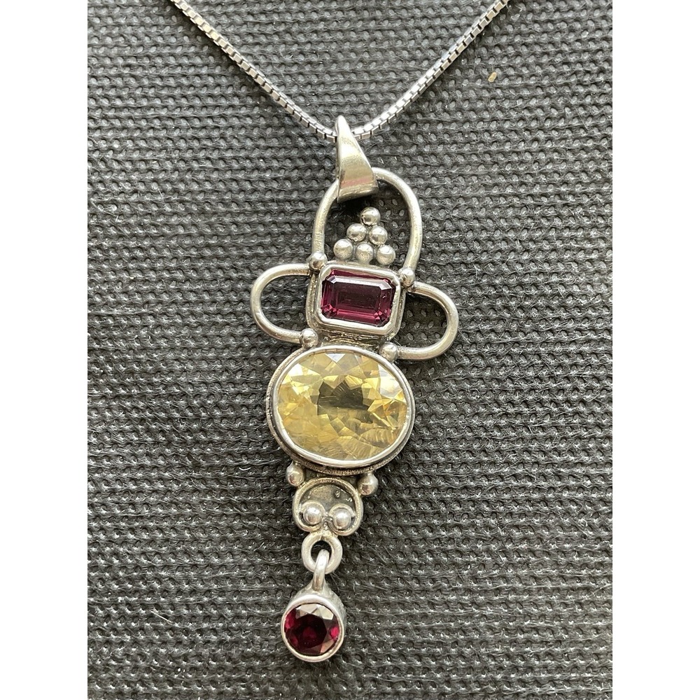 Vintage 925 Sterling Silver Citrine & Garnet Pendant Necklace Estate Jewelry